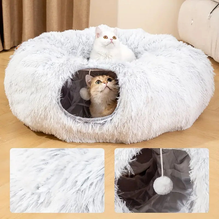 Cat tunnel with attached plush mat, perfect for playful cats and naptime, interactive toy