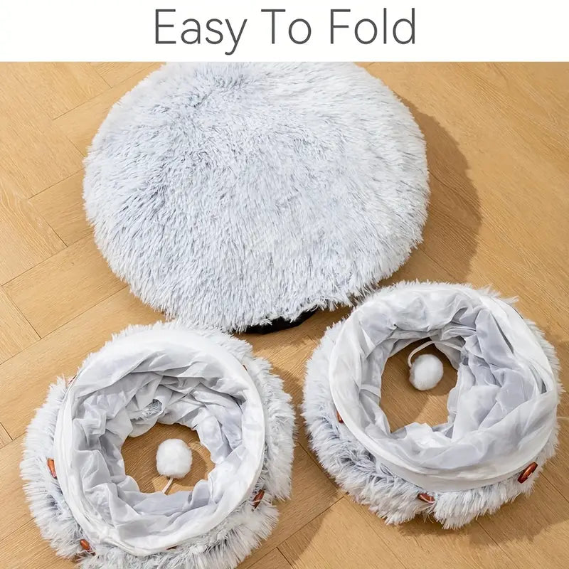 Enclosed cat tunnel with a soft, removable plush mat for ultimate comfort, cat bed