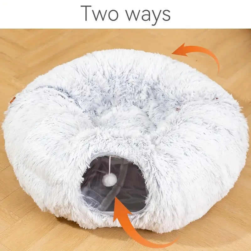 Christmas pet gift: interactive cat tunnel with plush mat, festive pet supplies