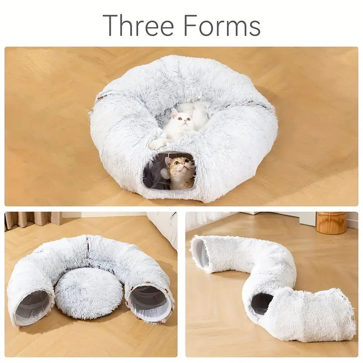 Foldable cat tunnel with a plush mat, space-saving pet toy and bed, cat supplies