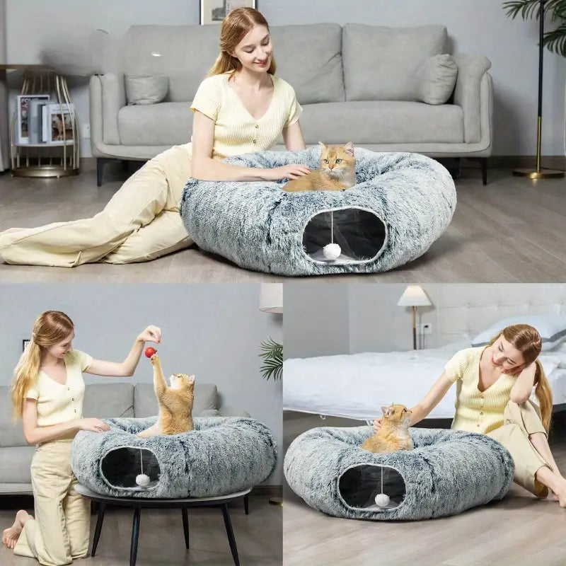 Durable interactive cat tunnel with a removable plush mat for easy cleaning, pet tunnel
