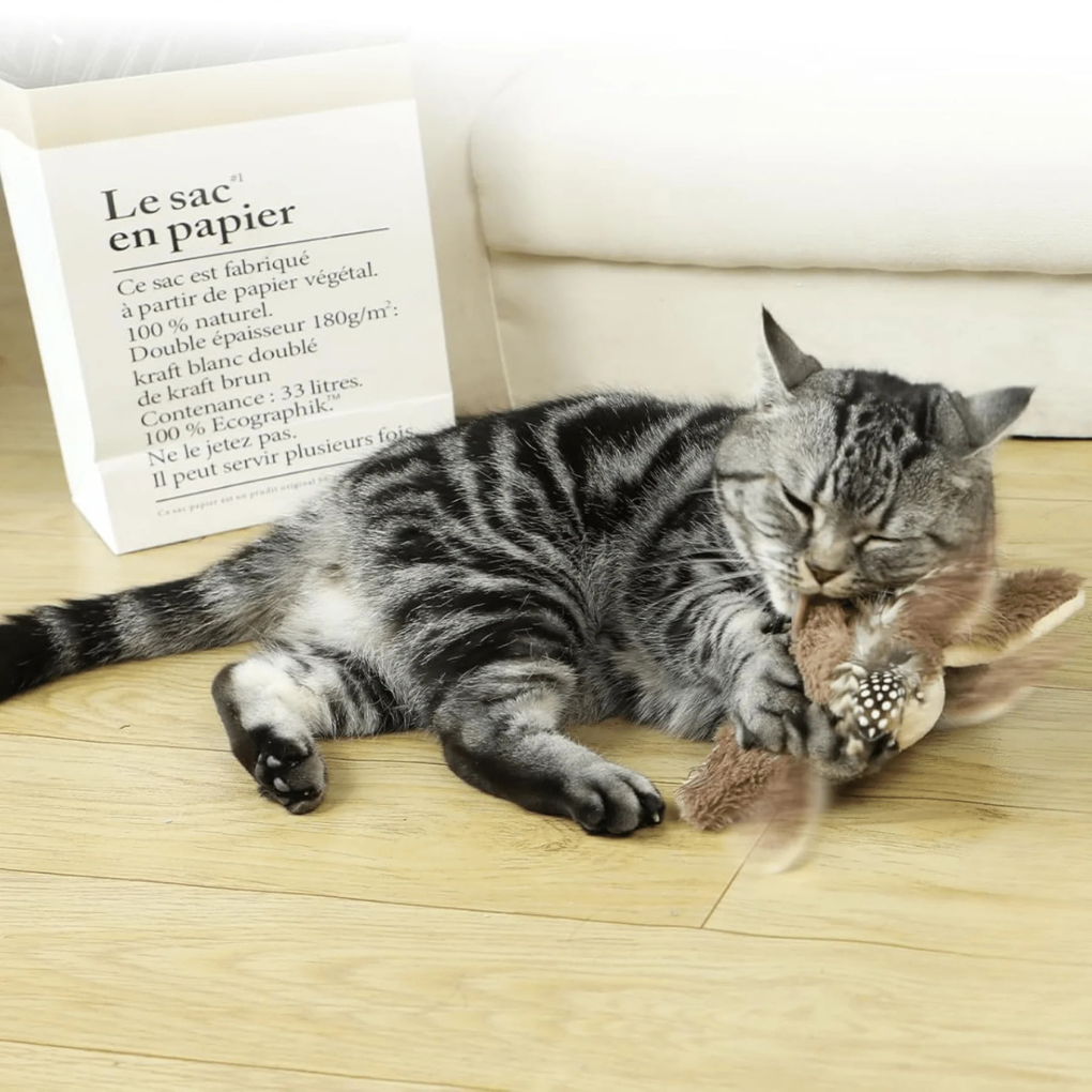 Close-up of the interactive feather toy's wagging mechanism and soft feathers for cats