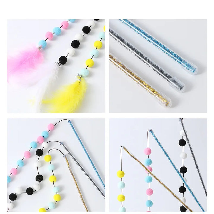 Cat toy with durable wand, colorful pompoms, and real feathers, promoting active play and enrichment.
