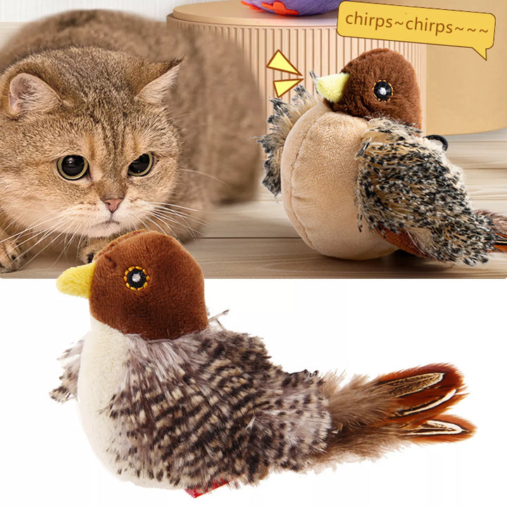 Close-up of chirping bird cat toy, fabric texture and attached silvervine