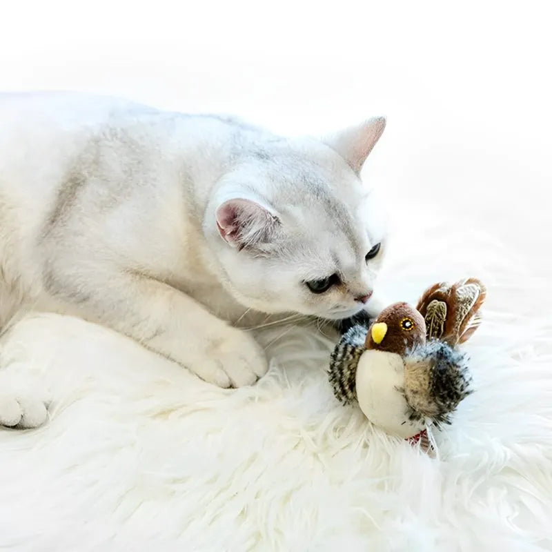 Cat pouncing on interactive chirping bird toy, black cat, indoor playtime