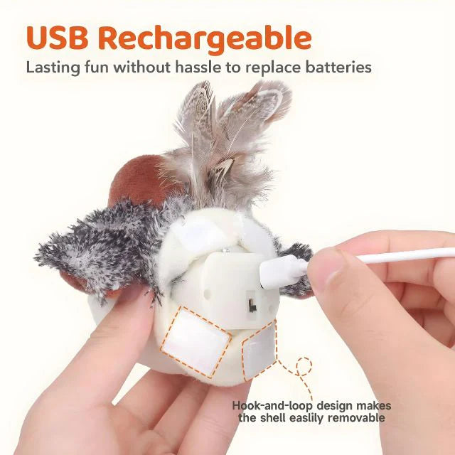 Detailed view of interactive silvervine bird cat toy, realistic feather texture