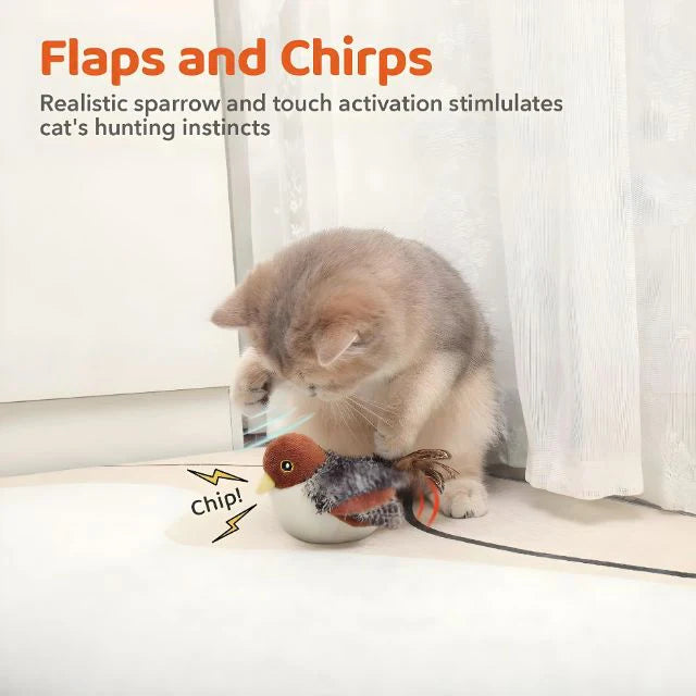 Package of interactive chirping bird cat toy with silvervine for feline enrichment