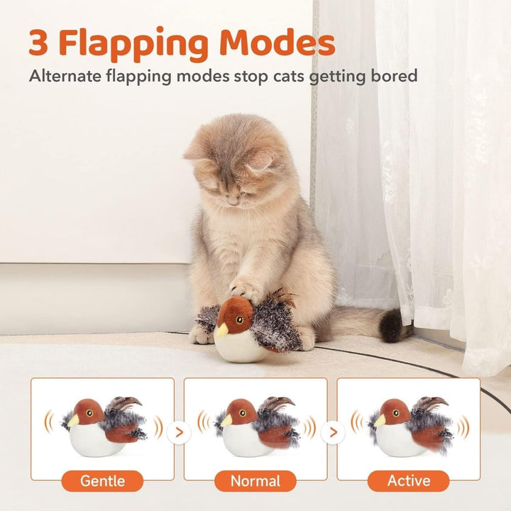 Small cat intensely focused on interactive chirping bird toy with silvervine
