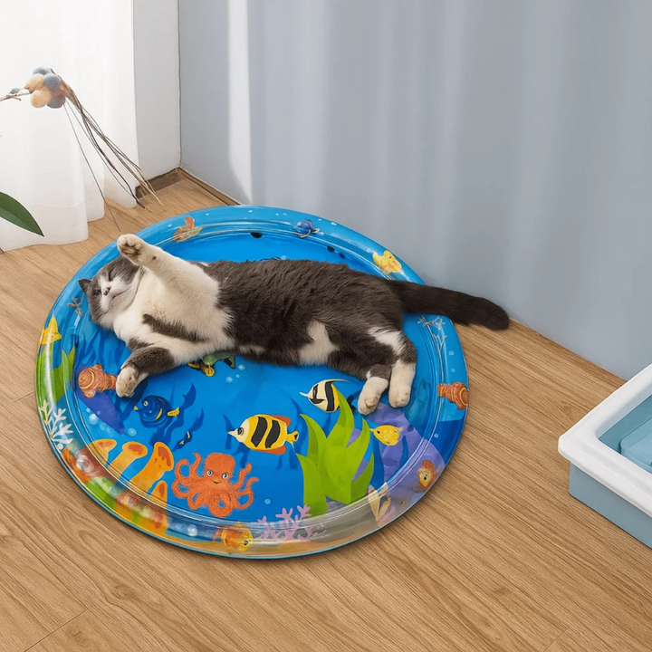 Interactive cooling pet play mat for cats with crinkle paper and peek-a-boo holes for summer fun
