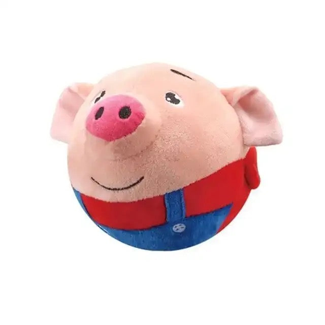 Bouncing musical pig plush dog toy, soft fabric, canine interactive pet supply