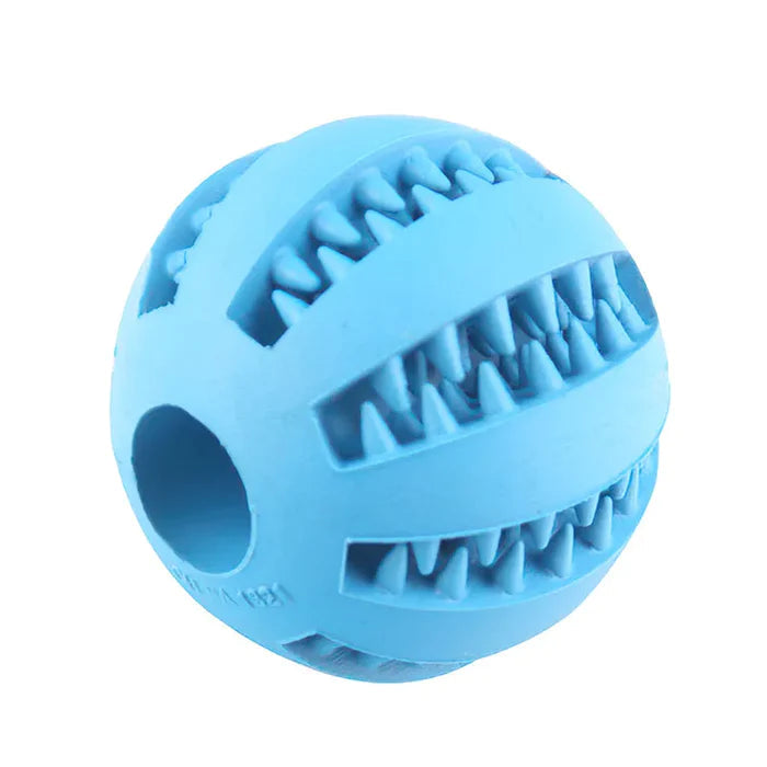 Dental health dog toy, a robust rubber chew ball that dispenses treats while playing