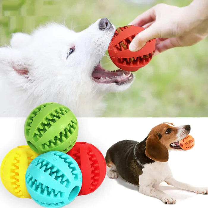 Durable dental health chew ball for dogs, treat dispensing rubber play toy