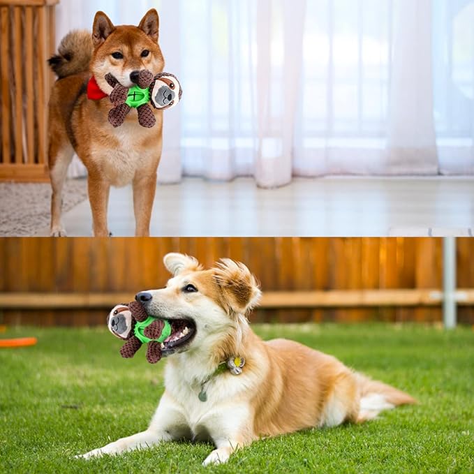 Interactive dog dental chew toy, soft ribbed rubber for plaque removal, holds treats, suitable for all breeds