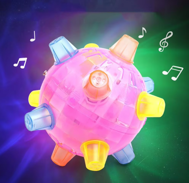 Dog enjoying a durable interactive pet play ball, featuring lights and sound for stimulating fun