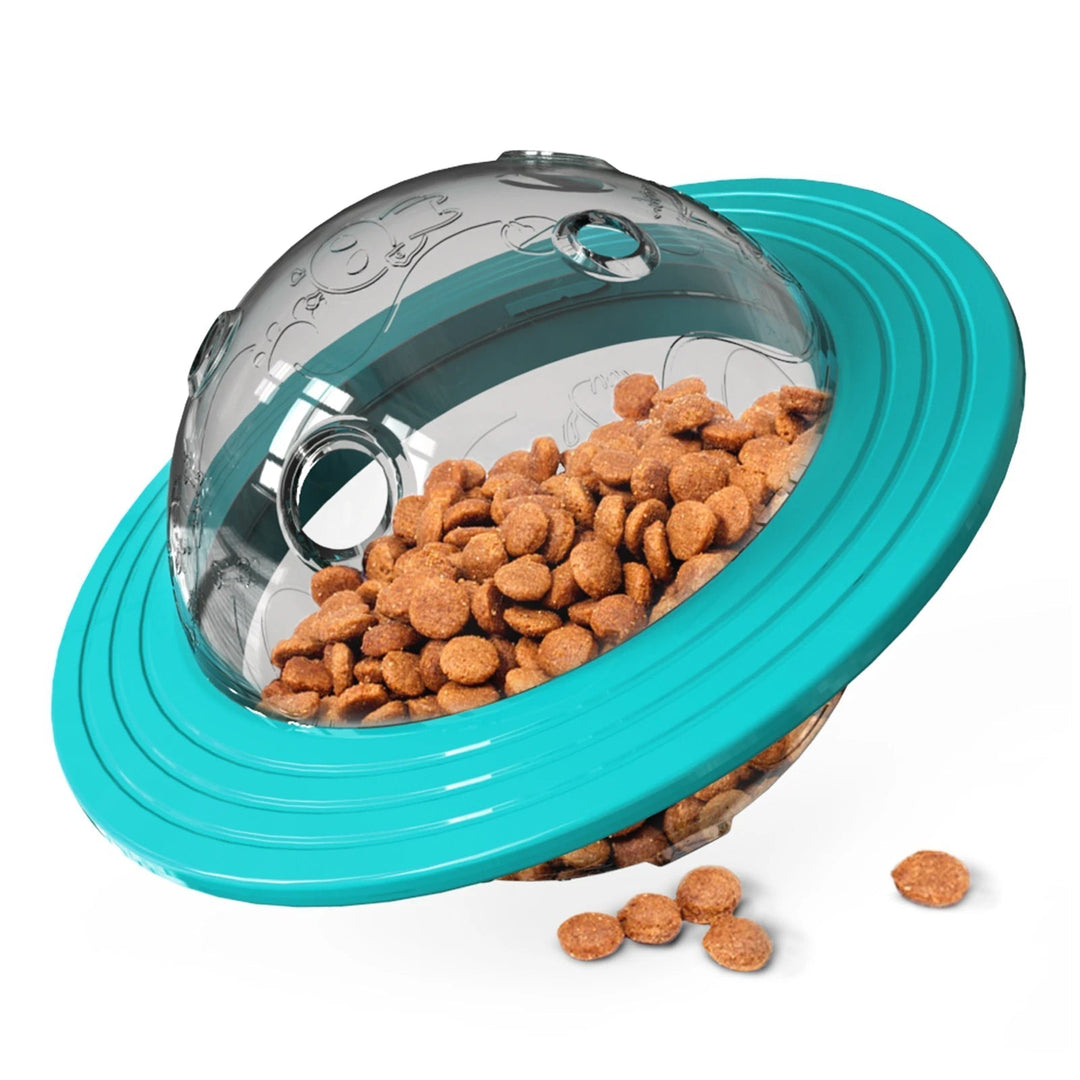 Unisex dog feeding puzzle ball with treat-dispensing holes for dental care and training.