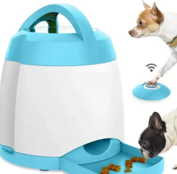 Dog actively engaged with an interactive puzzle toy, a treat dispenser for mental stimulation