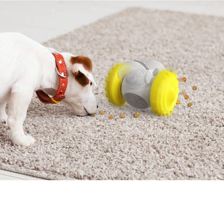 Brightly colored treat dispensing puzzle dog toy for interactive play and mental stimulation