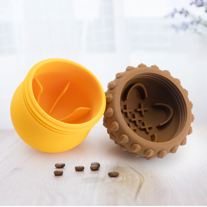 Red silicone interactive dog toy, designed as a slow feeder to prevent fast eating in pets