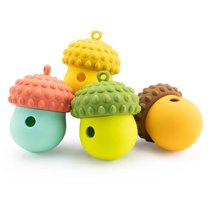 Close-up of interactive dog slow feeder toy, showing textured surface and food dispensing function