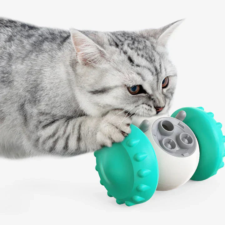 Interactive dog slow feeder toy with wheels, blue and yellow, promoting mental stimulation.