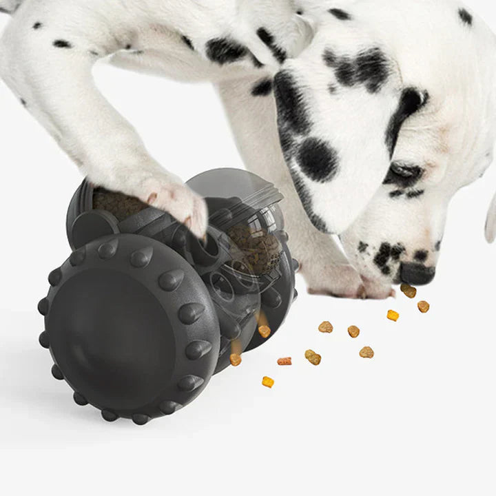 Interactive pet toy with wheels, a slow feeder for dogs and cats, durable and engaging.