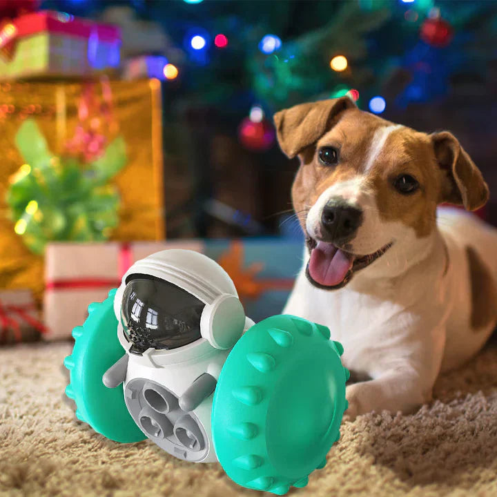 Dog and cat feeding toy, wheeled interactive design for mental stimulation and enrichment.