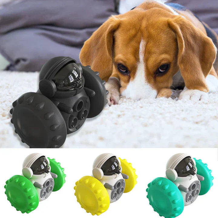 Durable interactive pet feeder with wheels, providing mental stimulation for active dogs.