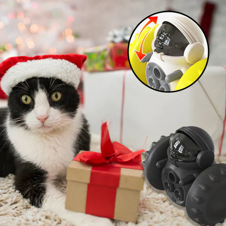 Interactive feeding toy for pets, blue and yellow with wheels, boosting mental health.