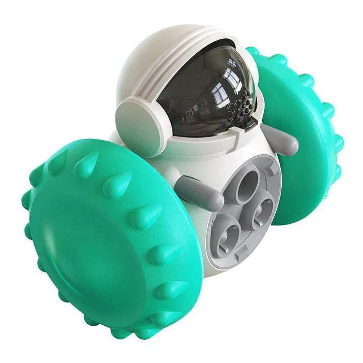 Pet enrichment feeding toy for cats and dogs, durable and includes wheels for engaging play.