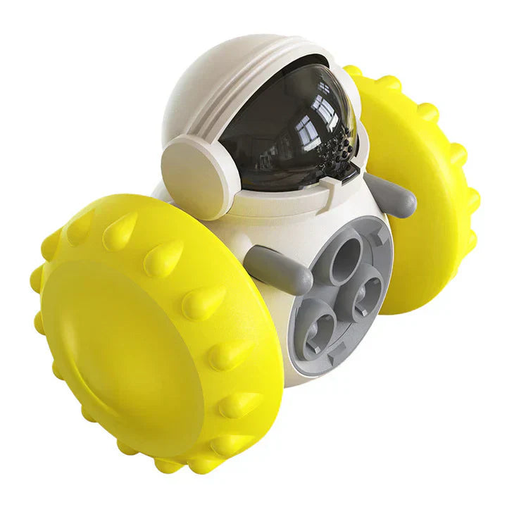 Dog mental stimulation toy, an interactive slow feeder with wheels, bright and engaging.