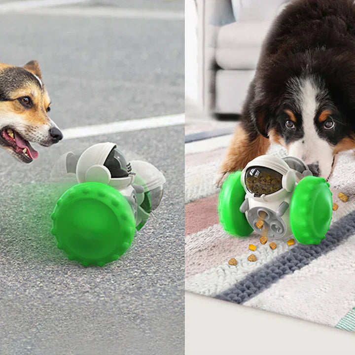 Slow feeder pet toy, wheeled design encourages active play and controlled eating for pets.