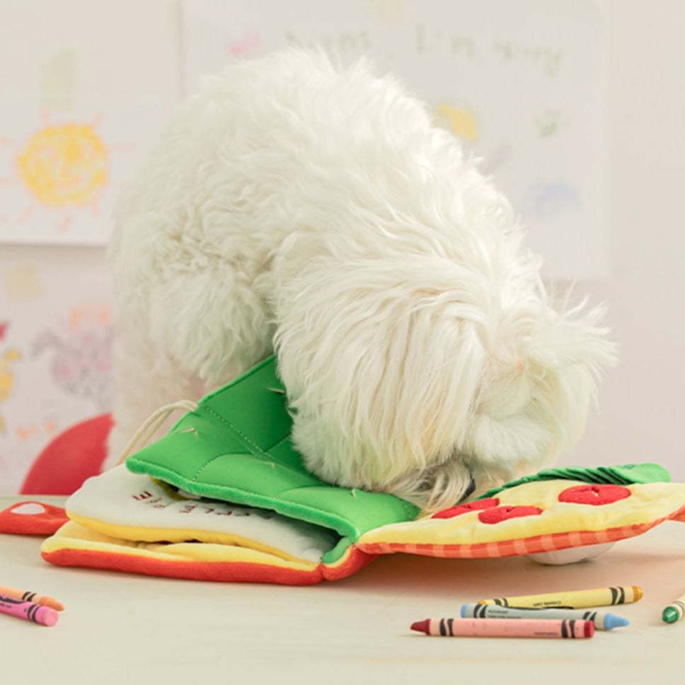 Close-up of a new arrival interactive dog snuffle book puzzle toy, engaging and fun