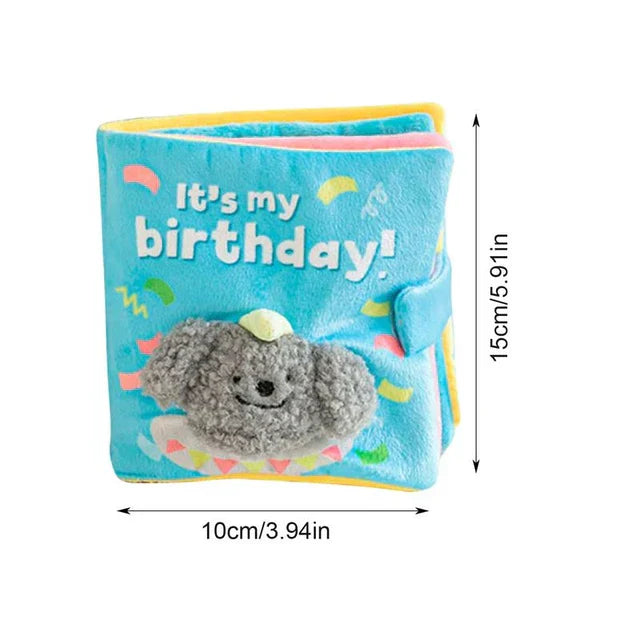 Detailed view of the fabric and design of a dog snuffle book puzzle, a unique dog toy