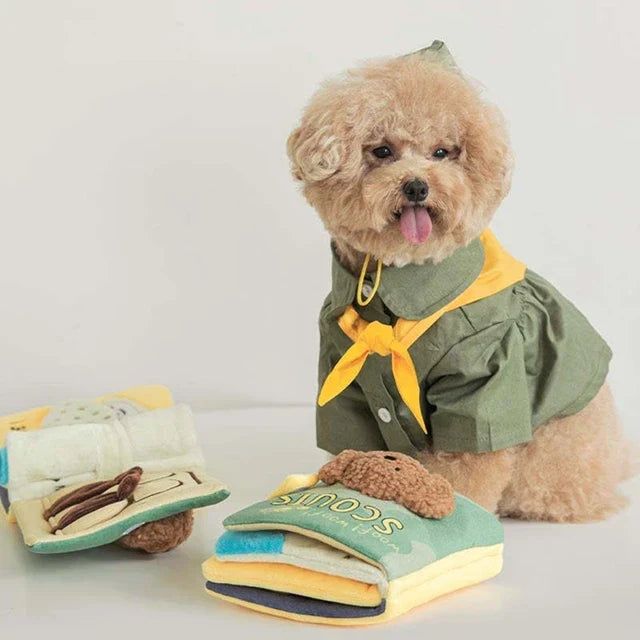 Interactive dog puzzle toy shaped like a book, perfect for snuffling and mental exercise