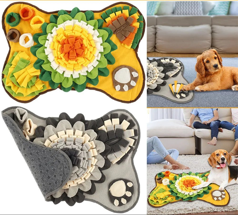Dog enjoying a non-slip snuffle mat, an interactive toy for mental stimulation