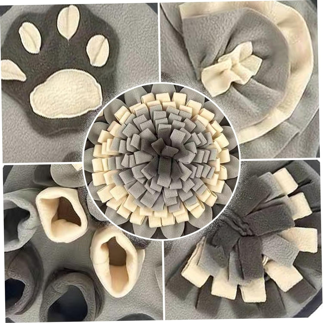 Close-up of a dog using an interactive snuffle mat, engaging in nosework for mental stimulation.