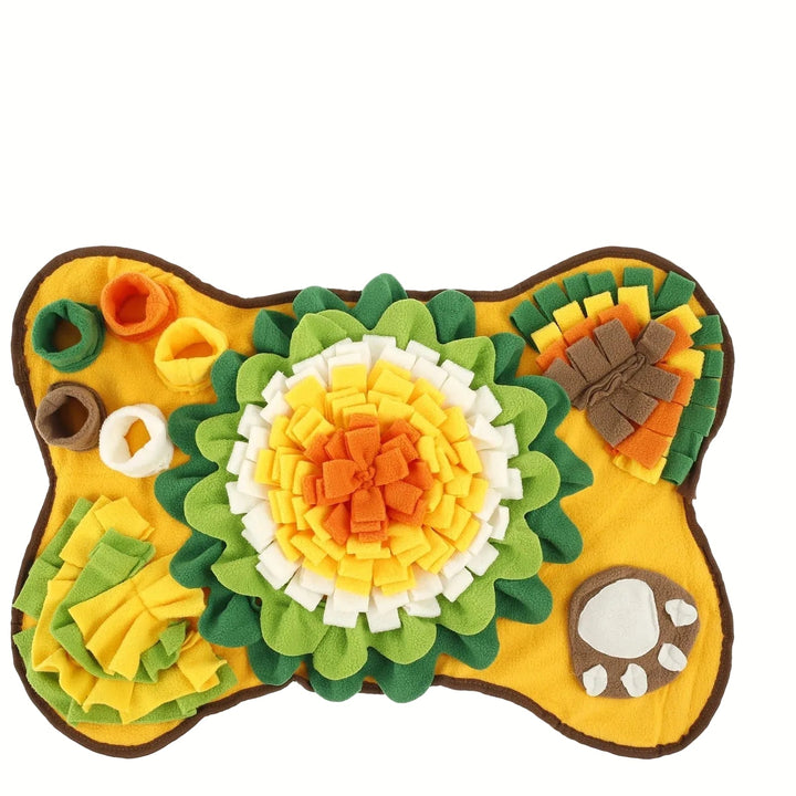 View of an interactive dog snuffle mat, a washable puzzle feeder encouraging sniffing