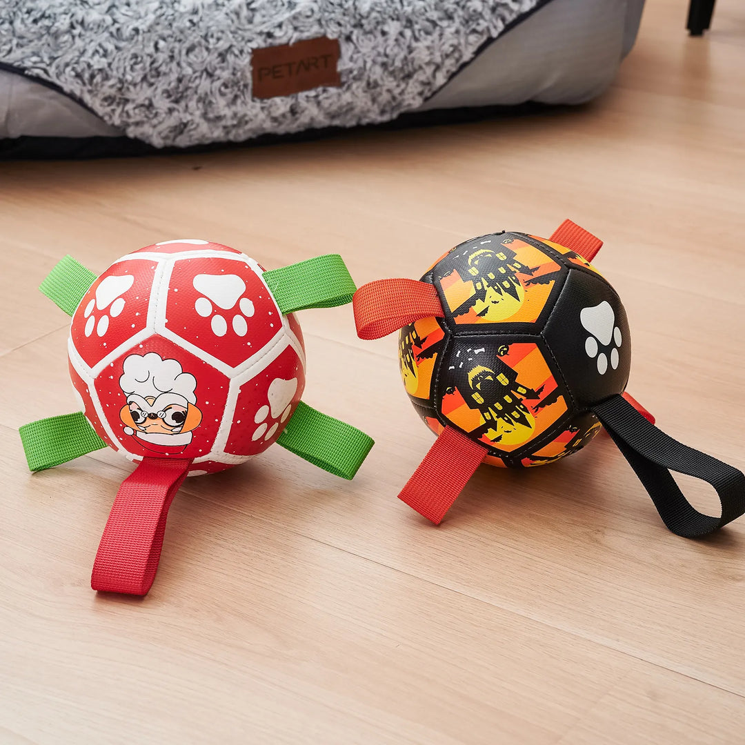 Fetching dog toy: Bright green interactive ball with durable nylon rope, perfect for play.