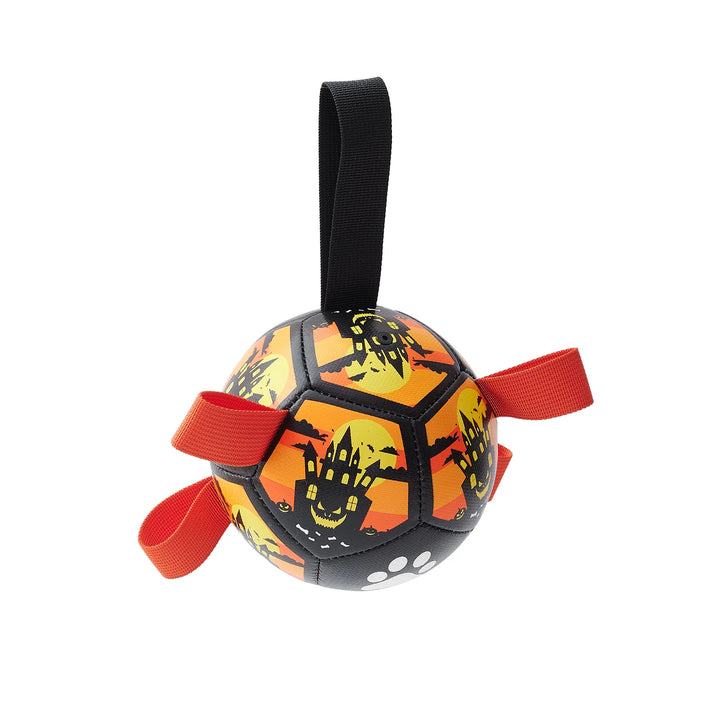 Halloween dog toy: Black and orange interactive ball with tough nylon rope and handles.