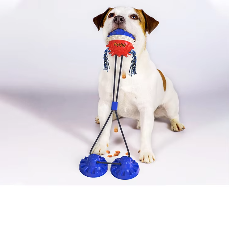 Pet dog toy: durable treat dispenser with strong suction cup, promoting entertainment and mental stimulation.