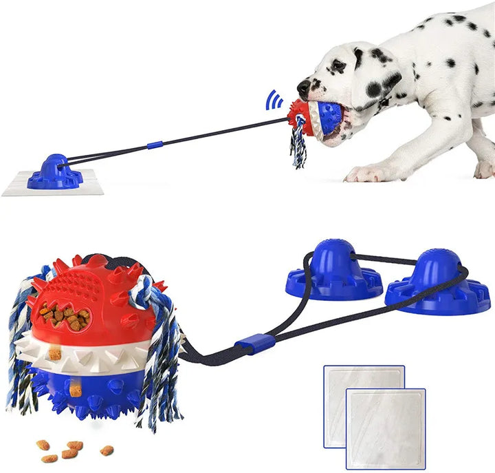 Close-up of a treat-dispensing dog toy, blue suction cup base, ideal for interactive pet play.