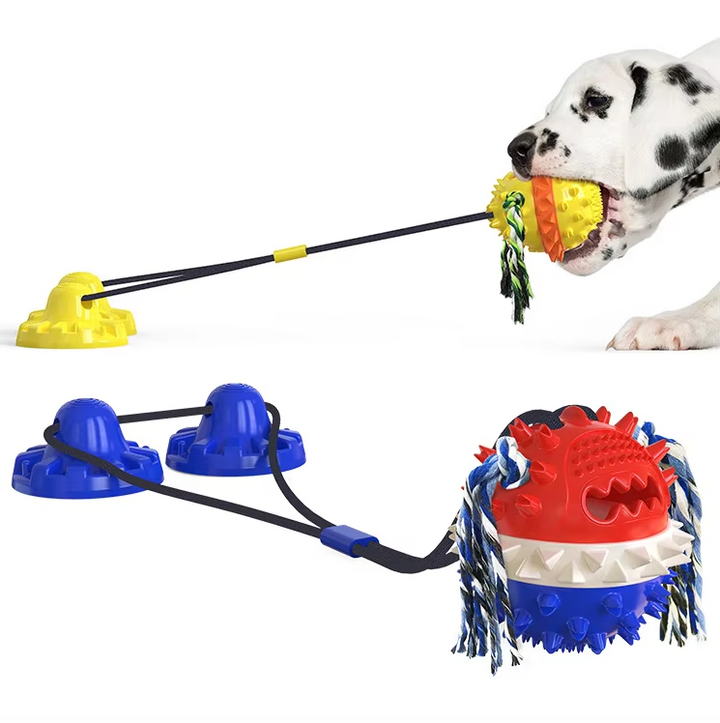 Interactive pet supplies: treat-dispensing dog toy with robust suction cup design for active pets.