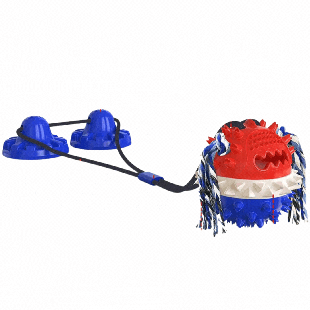 Suction cup dog toy, red and blue, encouraging mental stimulation and slow treat release for pets.