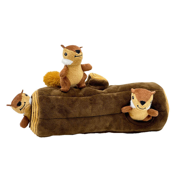 Side view of a brown plush interactive dog toy shaped like a tree trunk with squirrel pockets