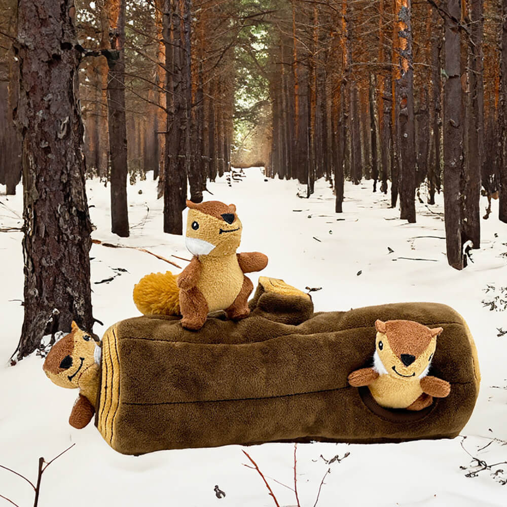 Dog enrichment toy: interactive plush brown tree trunk with six hidden squeaky squirrel puzzle elements