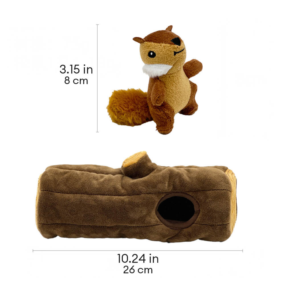 Interactive tree trunk dog toy with plush brown fabric and colorful squeaky squirrel surprises