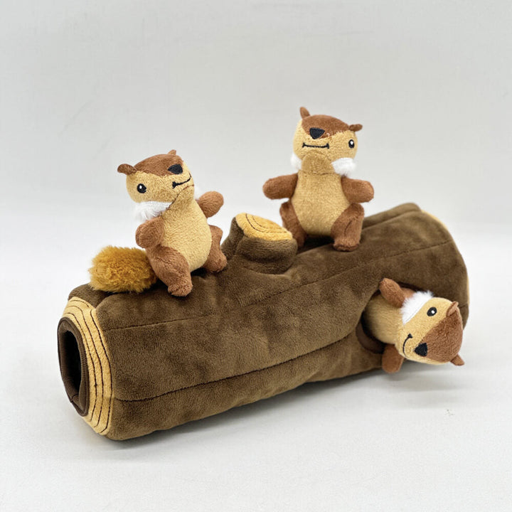 Interactive squirrel puzzle pet toy, brown and plush, designed for dog enrichment and fun