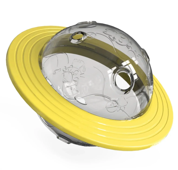 Yellow interactive dog treat dispenser, chew toy promoting slow eating
