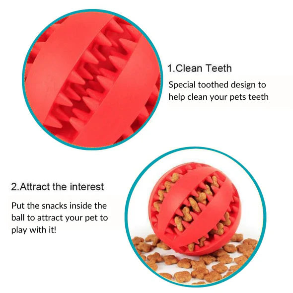 Interactive dog chew ball with a unique design for dental cleaning and treat dispensing fun.