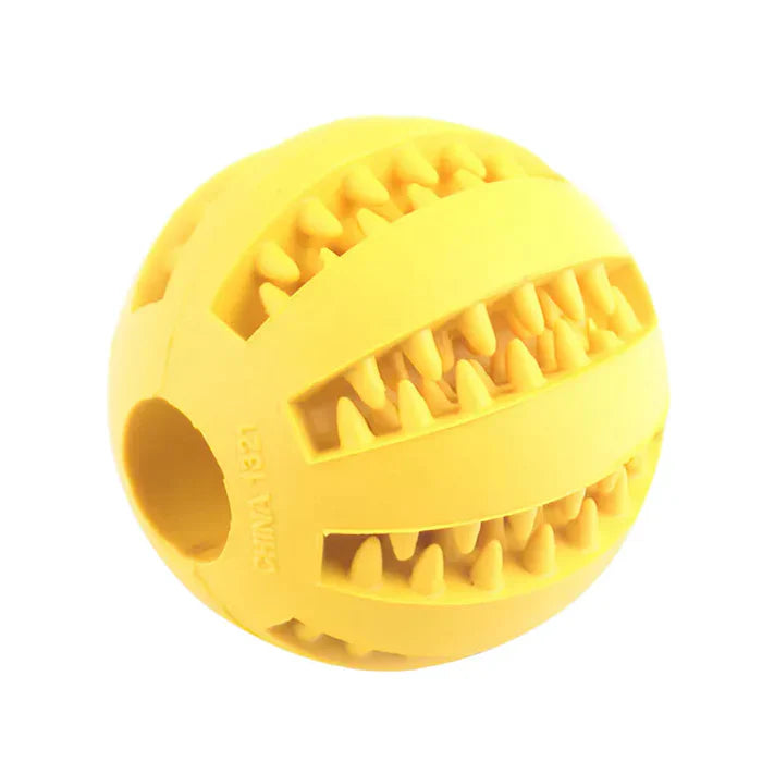 Set of colorful interactive dog treat dispensing chew balls, promoting dog dental care.